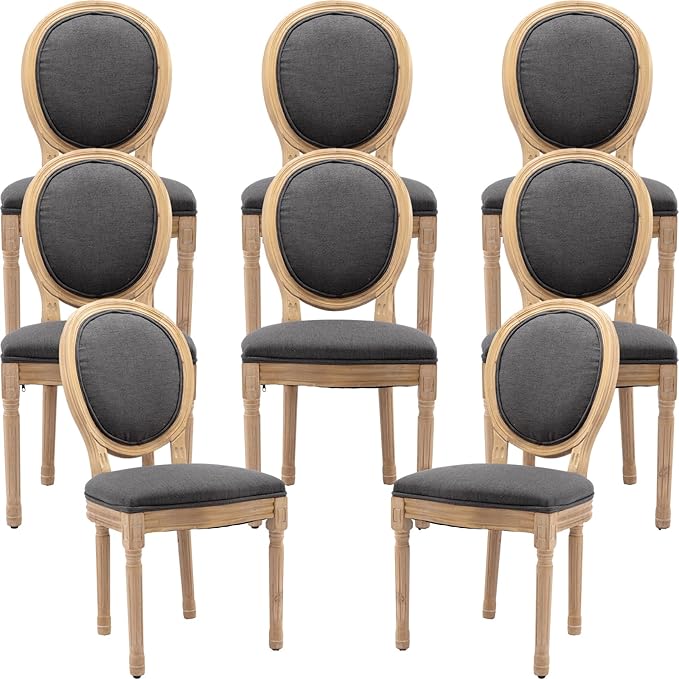 French Country Dining Chairs Set of 8, Gray Kitchen & Dining Room Chairs Set of 8, Linen Upholstered Dining Chairs, Wood Legs, Sillas De Comedor (Fabric, Grey, 8Pcs)
