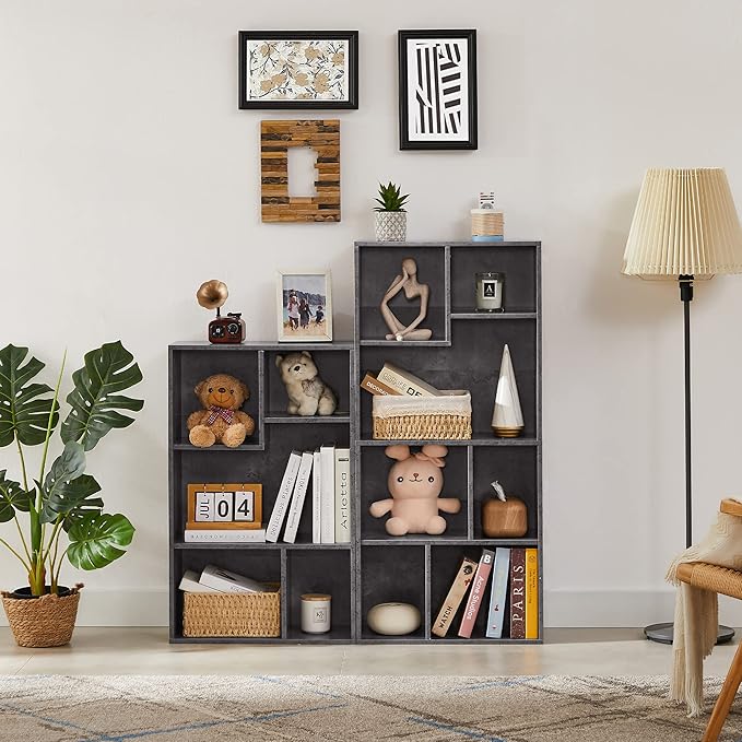 VECELO 5 Cube Modern Bookcases, 3 Tier Bookshelves, 31 Inch High Cubby Storage Organizer, Shelf Hight Up to 12.8 Inches Suit for Most Books, Vertical or Horizontal Use Available,Grey