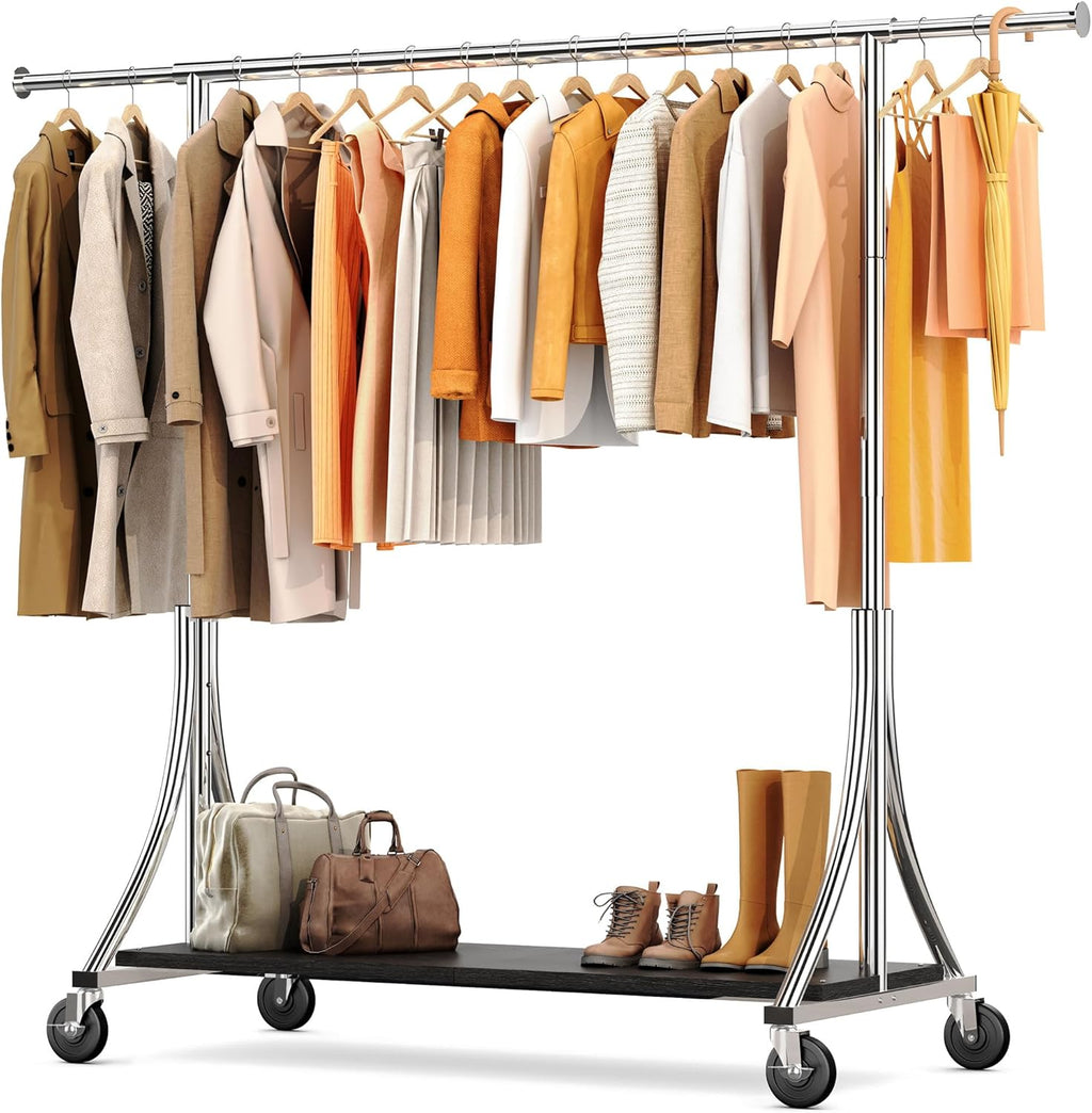 HOKEEPER Clothes Rack with Wood Shelves Height Adjustable Clothing Rack with Lockable Wheels 500LBS Portable Wooden Garment Closet for Bedroom, Living Room, Laundry, Balcony, Silver