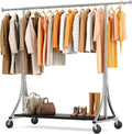 HOKEEPER Clothes Rack with Wood Shelves Height Adjustable Clothing Rack with Lockable Wheels 500LBS Portable Wooden Garment Closet for Bedroom, Living Room, Laundry, Balcony, Silver