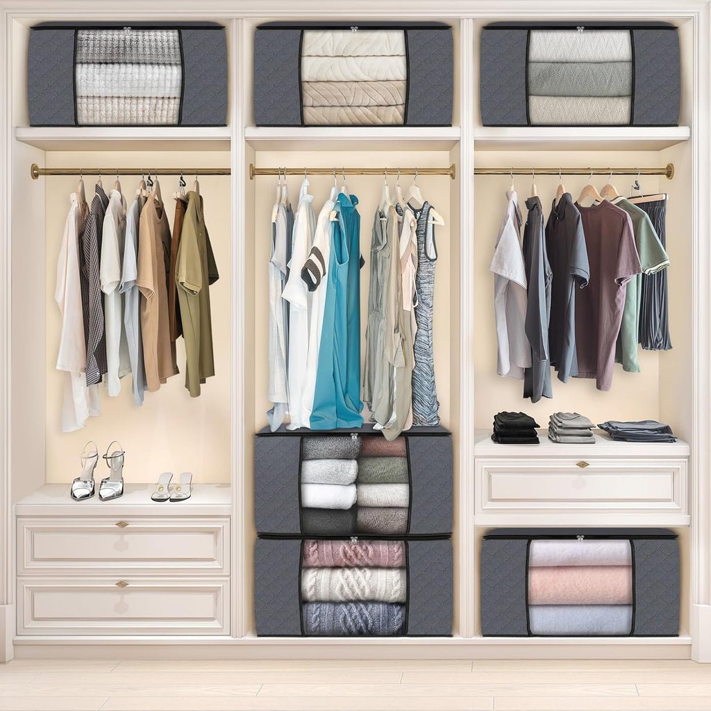 Large Clothes Storage Bags 6 Pack, Foldable Closet Organizers with Durable Breathable Fabric & Clear Window for Blankets, Comforters, Pillows, Bed Sheets, Toys & Seasonal Clothing (Gray)