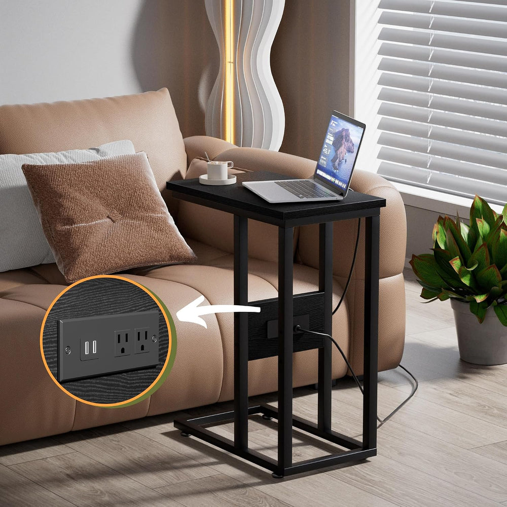 VECELO C Shaped End Table with Charging Station & Power Outlets, Quick Ac...