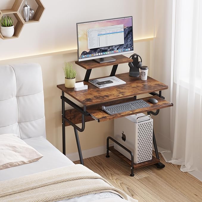 Gaming/Computer Desk, Home Office Small Desk with Monitor Stand, Rustic Writing Desk, Dismountable Computer Tower Stand, Adjustable Storage Space, Modern Design Corner Table