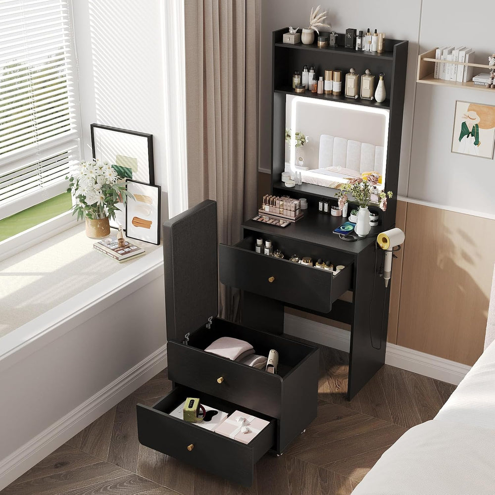 Make Up Vanity Desk with Mirror and Lights,Small Vanity With Storage Chair | ...