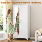 Metal Wardrobe Closet with Mirror Doors and 2 Adjustable Shelves | 71"Tall Storage Cabinet with Hanging Rod, White Bedroom Armoires, Steel Wardrobe Cabinet for Bedroom, Gym, Apartment, School