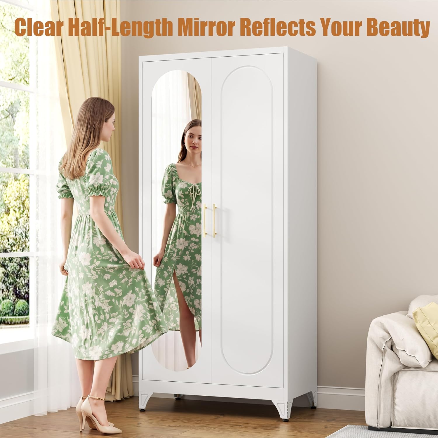 Metal Wardrobe Closet with Mirror Doors and 2 Adjustable Shelves | 71"Tall Storage Cabinet with Hanging Rod, White Bedroom Armoires, Steel Wardrobe Cabinet for Bedroom, Gym, Apartment, School