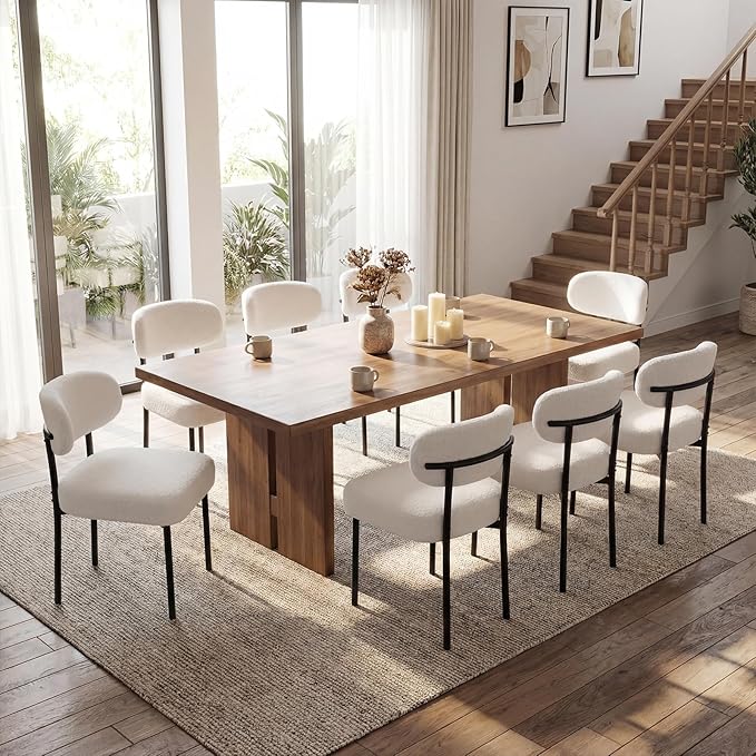 Dining Chairs, White Boucle Dining Chairs, Kitchen Dining Room Chairs Curved Backrest Comfortable Upholstered Mid Century Modern for Dining Room Decor (8, White)