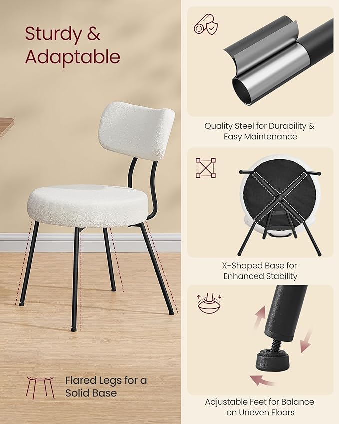 VASAGLE Boucle Dining Chairs Set of 6, Upholstered Kitchen Dining Room Chairs with Curved Backrest and Steel Frame, Modern Mid Century, Round, for Vanity, Living Room, Cream White UKDC110W16