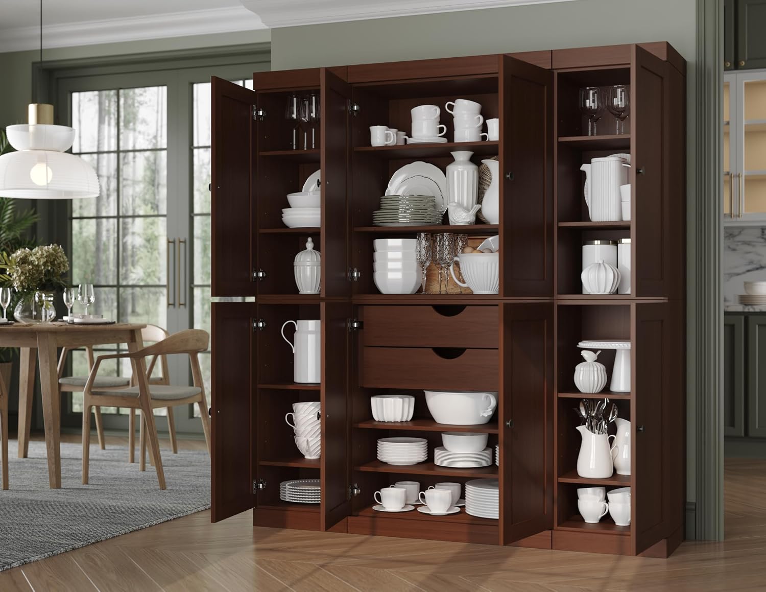 Palace Imports Solid Wood Storage Cabinet – 71.5" H x 65" W - Tall Kitchen Pantry Cabinet w/ 8 Shaker Doors, 2 Drawers & 12 Adjustable Shelves – Mocha, Cupboard, 100% Eco-Friendly Wood, Made in Brazil