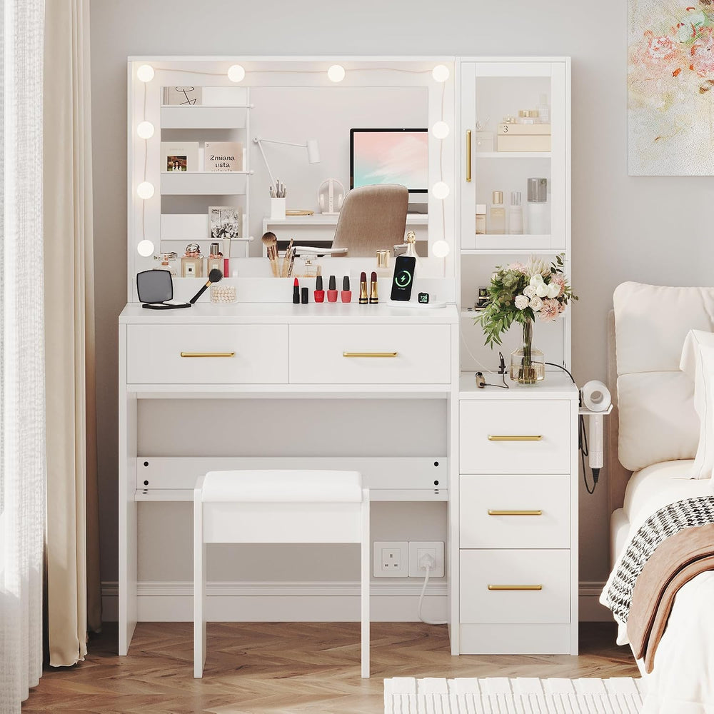 TOKSOM Makeup Vanity with Lights & Charging Station, White Vanity Table w...