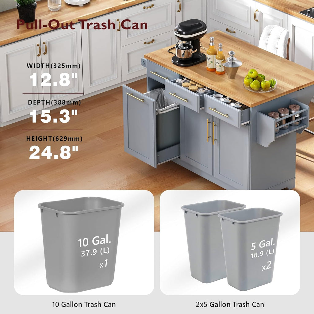 59.3" Kitchen Island with Drop Leaf and Pull Out Trash Can Storage Cabinet, Rolling Kitchen Island Table with Power Outlet, Spice & Towel Rack for Kitchen, Dining, Grey Blue