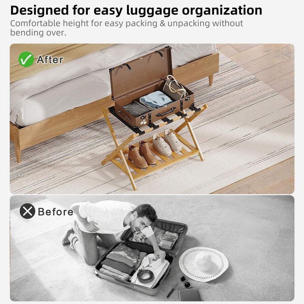 BAMBOOHOMIE Full Assembled Luggage Rack Set of 2, Bamboo Luggage Holder Rack for Guest Room, 26.77" L Folding Suitcase Stand with 5 Nylon Straps & Storage Shelf for Bedroom Hotel (2 Pack - Natural)