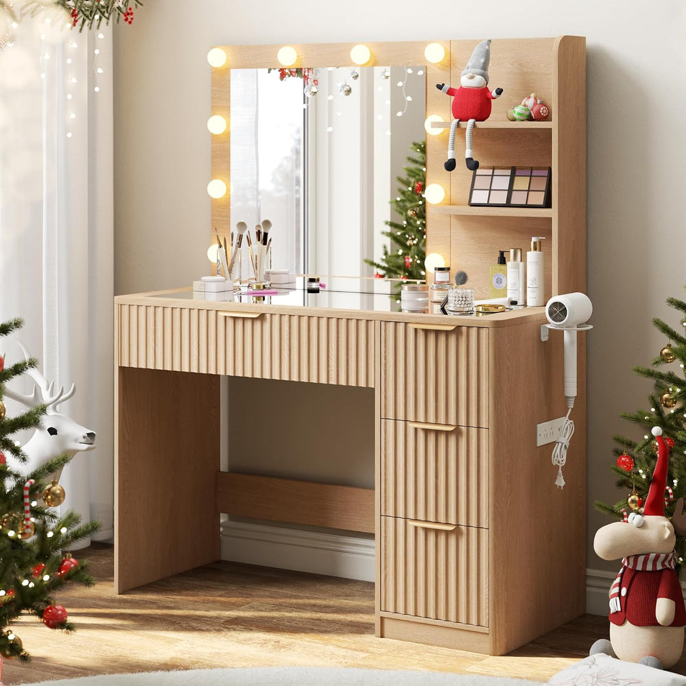 LUXOAK 36" Makeup Vanity Desk with Mirror & LED Lights, Oak | Fluted...