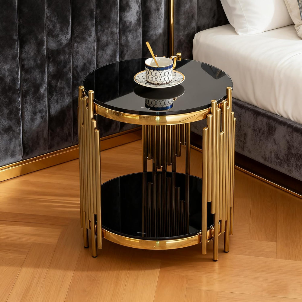 17.72" Round Glass End Table Black, Modern Gold Living Room Table with S...