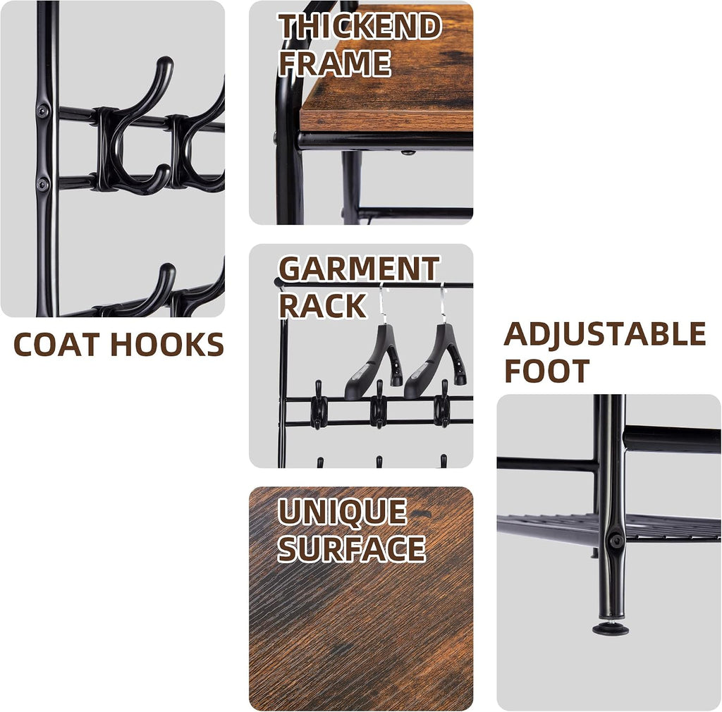 IDEALHOUSE Hall Tree with Entryway Bench with Coat Rack Shoe Rack Bench, 3 in 1 Hall Tree with Bench and Shoe Storage, 3-Tier Storage Shelf and 8 Hooks, Black, 23.6"(W) x 11.8"(D) x 70.1"(H)