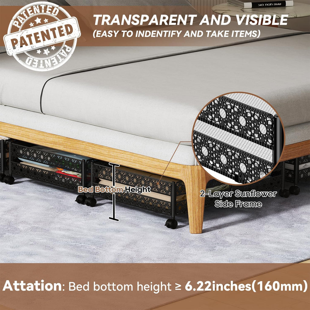 Under Bed Storage Containers with Wheels - Shoe Storage Organizer Drawer, Tool-free Assembly Metal Underbed Storage Containers for Bedroom Clothes, Shoes, Blankets - 2 Pack