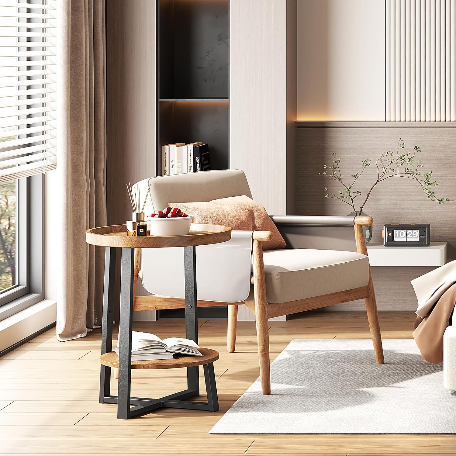 Yusong Round Side Table, Industrial Cherry End Table, Accent Nightstand Bedside Table for Living Room, Bedroom, Sofa Couch