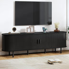 70.8" TV Stand with Power Outlet, Mid-Century Modern Television Stand, Fluted Media Console with Sliding Doors, Entertainment Center for TVs up to 60 Inch, Adjustable Shelves, Black