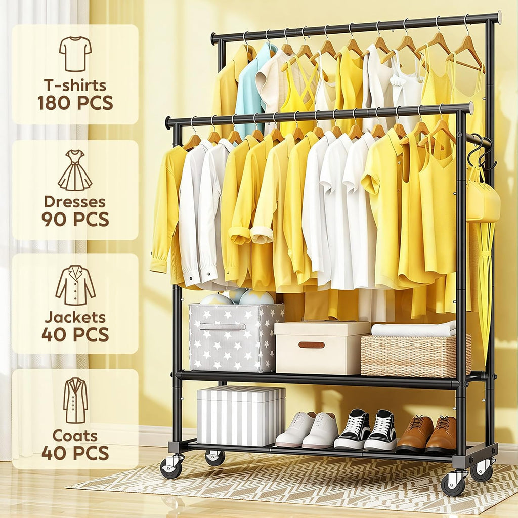 Double Rod Clothing Rack Heavy Duty with Oxford and Mesh Bottom Shelves, Garment Racks for Hanging Clothes, Portable Wardrobe Rack, Metal Clothes Rack Sturdy Coat Rack for Bedroom Laundry Living Room