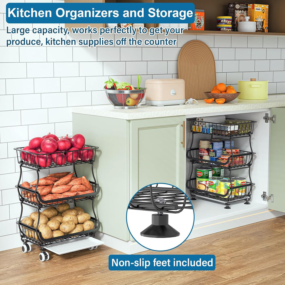 OKZEST 3-Tier Rolling Pantry Floor Organizer and Storage Cart with Wheels, St...