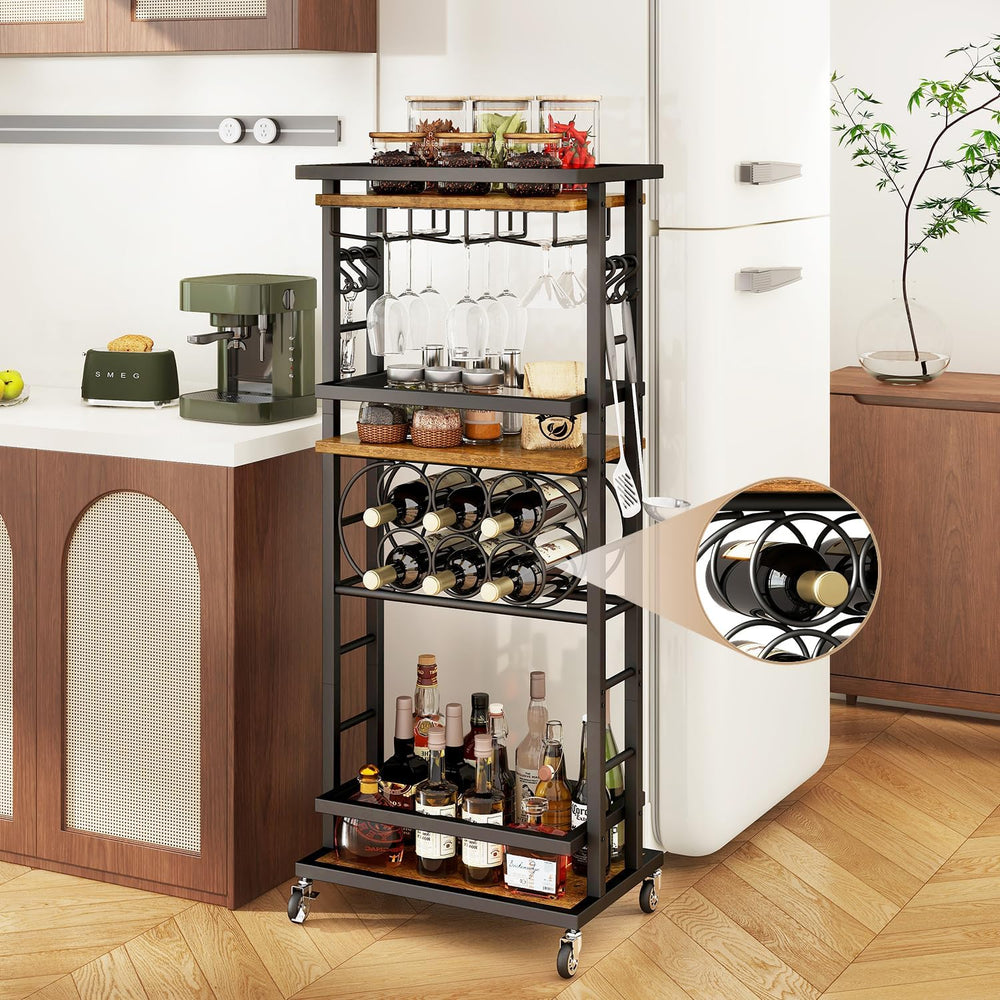 IBUYKE 4-Tier Wine Rack with Wheels,Bar Cart,Brown TMJ912H | Wine Car Cabinet...
