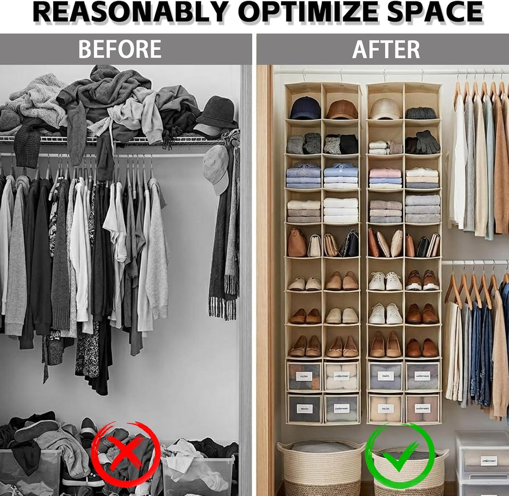 20 Section Hanging Shoe Organizer for Closet, Beige | Hanging Closet Organizer and Storage for Wardrobe, Dorm, Bedroom, Space Saving Foldable Clothes Shelf with Sturdy Hooks