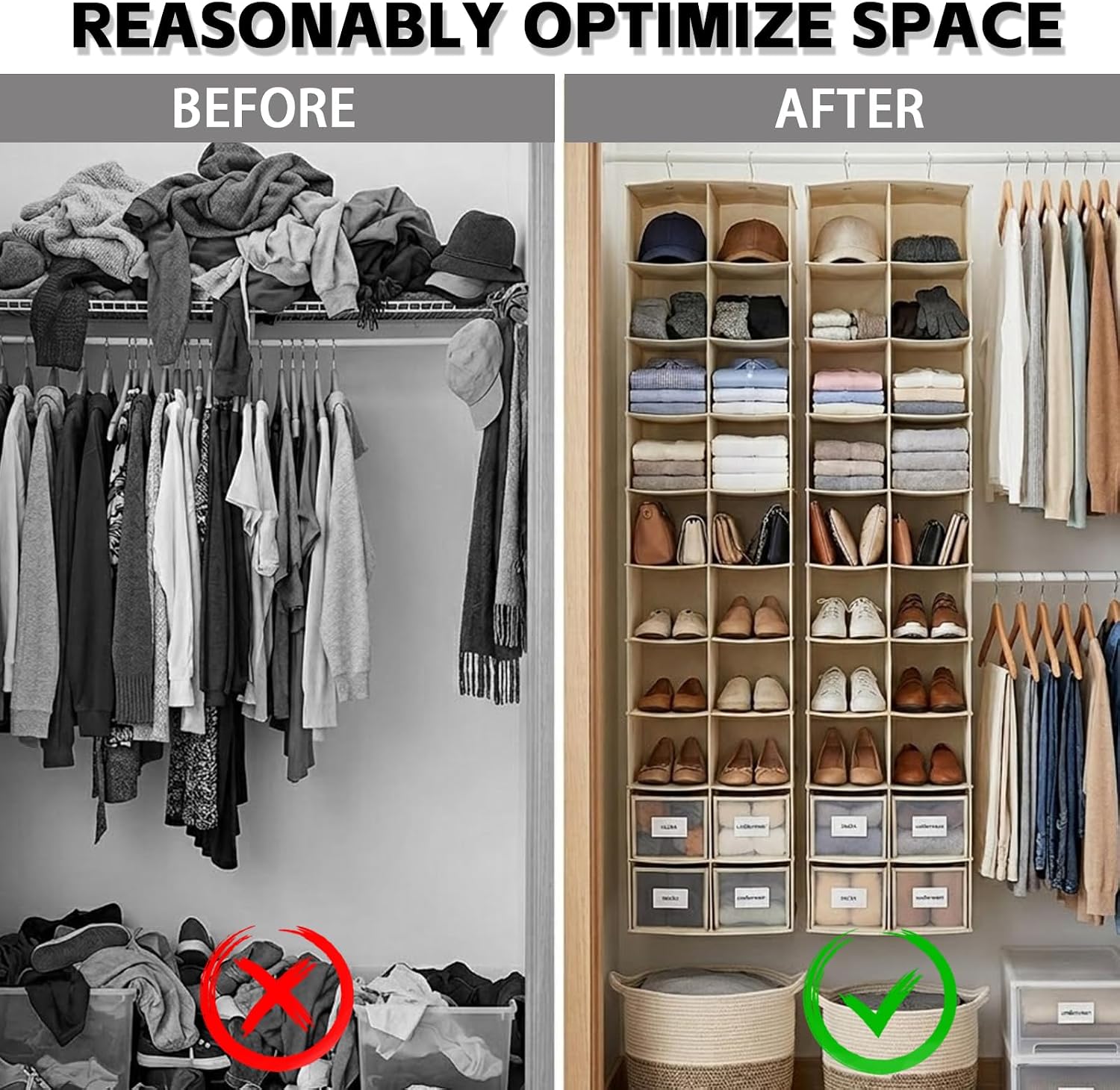 20 Section Hanging Shoe Organizer for Closet, Beige | Hanging Closet Organizer and Storage for Wardrobe, Dorm, Bedroom, Space Saving Foldable Clothes Shelf with Sturdy Hooks