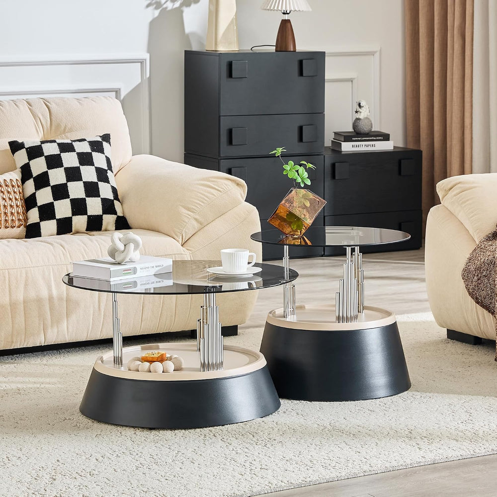 2-Piece Nesting Coffee Table Set with Tempered Glass Top, Black and Silver | ...