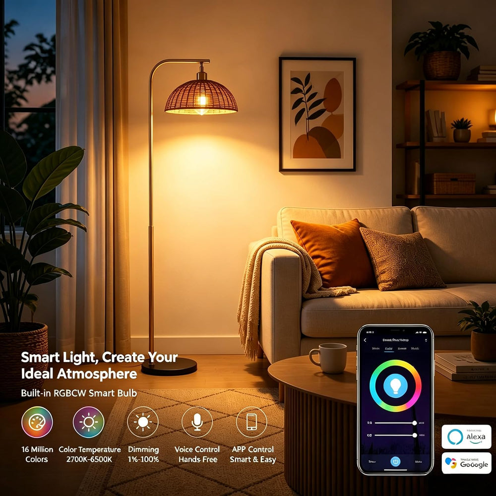Rattan Floor Lamp 65 Inch with Smart Dimmable Bulb Boho Standing Lamp