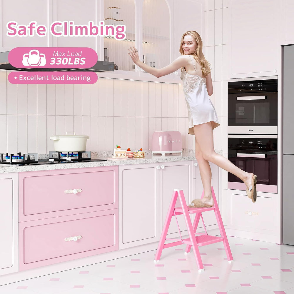 2 Step Ladder, Foldable Step Stool with Widened Pedal, Pink
