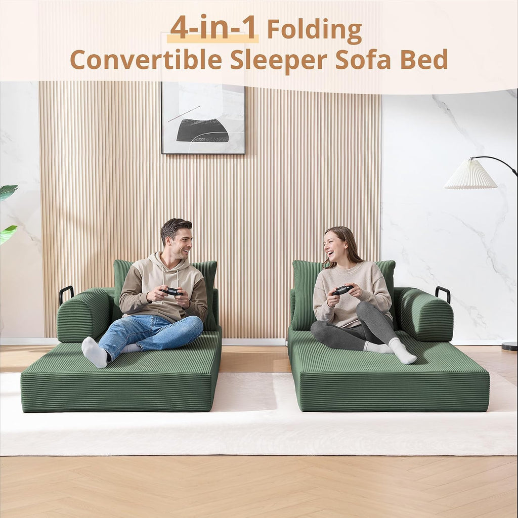 4-in-1 Boneless Folding Convertible Sofa Bed, 78 Inch Corduroy Loveseat Sleeper Couches with Pull Out Bed, Futon Couch for Living Room Bedroom, No Assembly Needed, Green