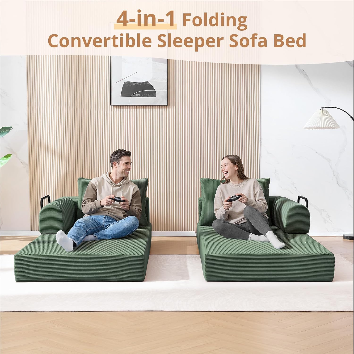 4-in-1 Boneless Folding Convertible Sofa Bed, 78 Inch Corduroy Loveseat Sleeper Couches with Pull Out Bed, Futon Couch for Living Room Bedroom, No Assembly Needed, Green