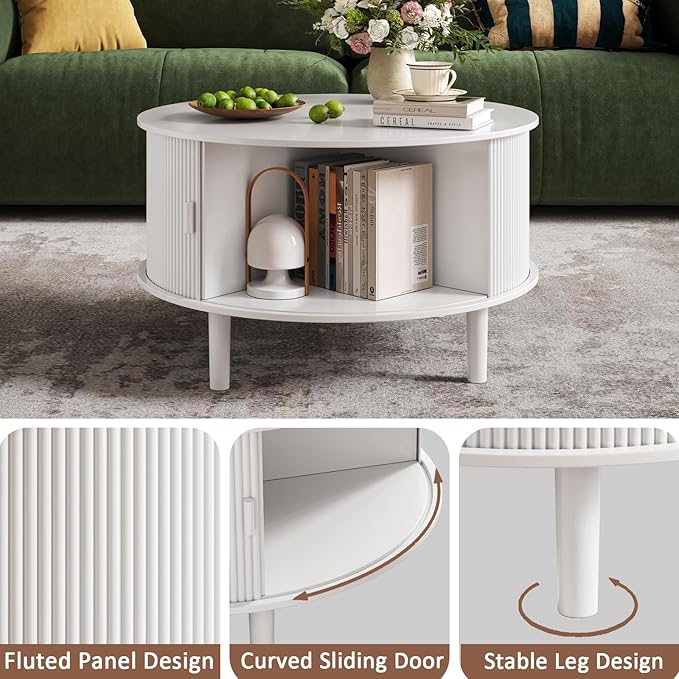 Coffee Table and TV Stand Set of 2, Round Center Table with Storage, Fluted Coffee Table with 360° Sliding Doors, 86.6" Entertainment Center for Bedroom, Living Room, White