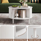 Coffee Table and TV Stand Set of 2, Round Center Table with Storage, Fluted Coffee Table with 360° Sliding Doors, 86.6" Entertainment Center for Bedroom, Living Room, White