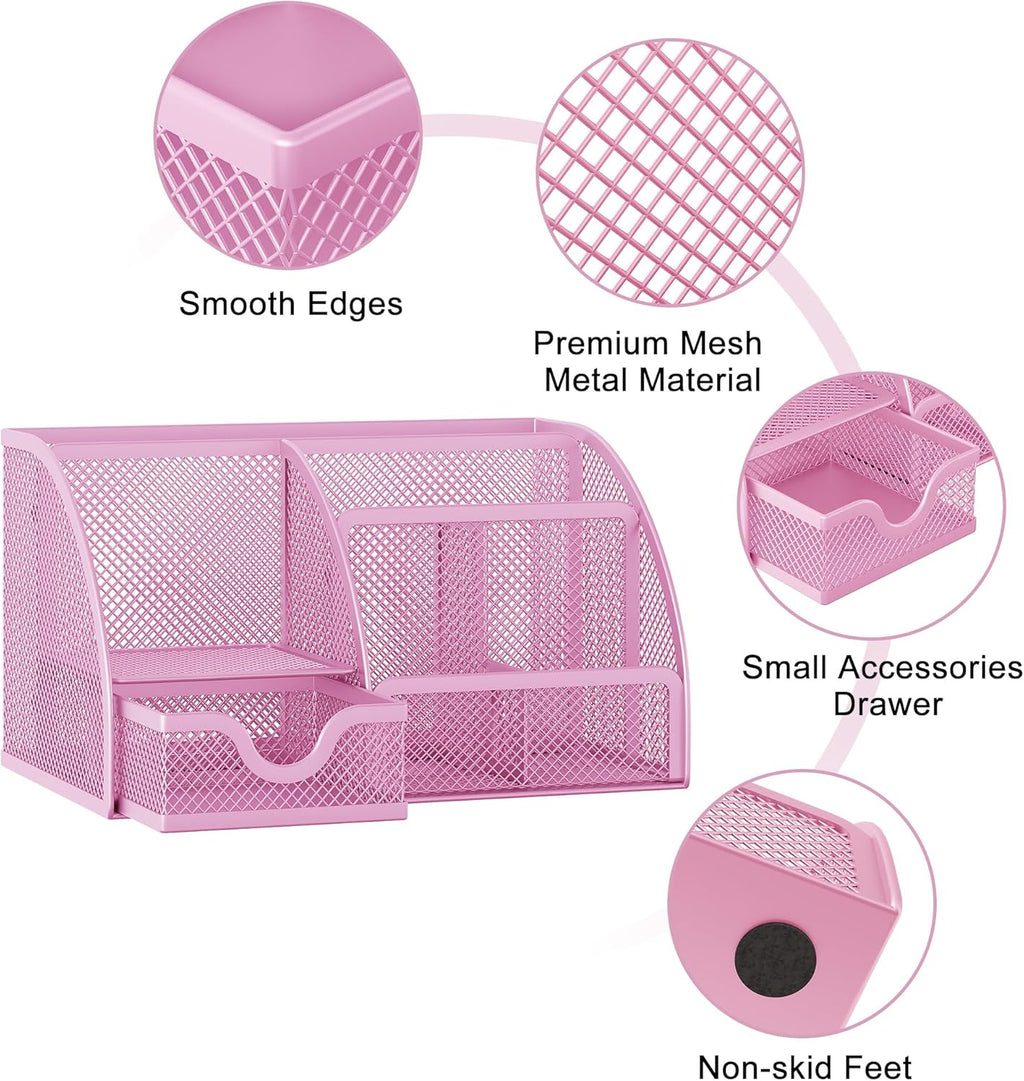 EasyPAG Mesh Desk Organizer with Drawer Multi-functional Pen Holder Stationery Organizer for Office School Supplies 6 Compartments Dorm Organizers and Storage for Desk, Light Pink