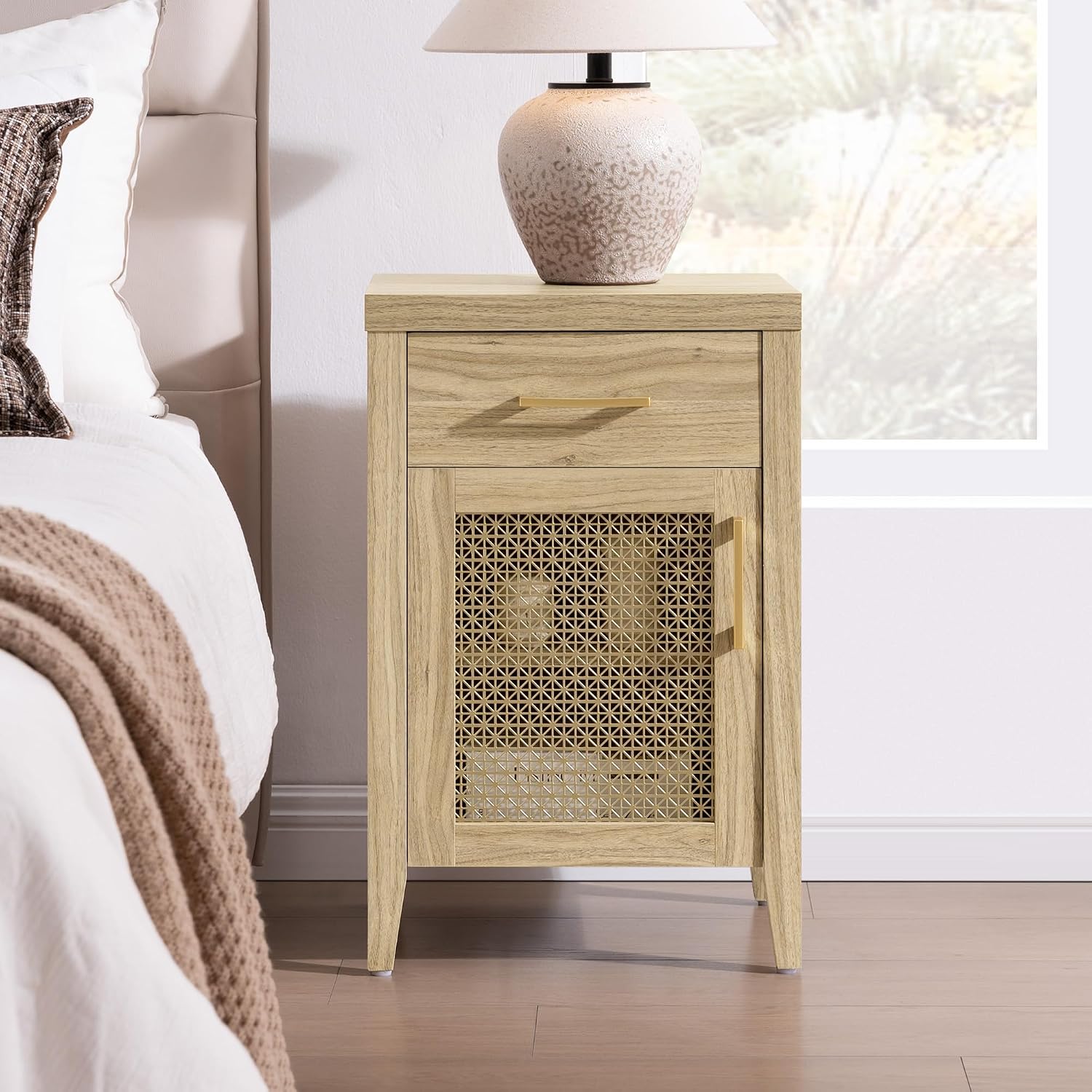SICOTAS Tall Nightstands Set of 2 with Drawer - Farmhouse Night Stand | Bedside Tables with Storage, Wooden End Tables with Metal Mesh Door and Adjustable Shelf for Bedroom, Light Walnut