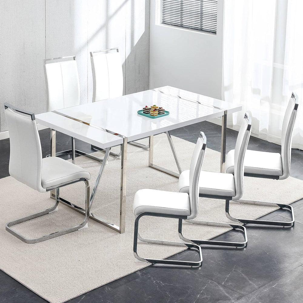 Ebullient Dining Table Set for 6，White Rectangular MDF Kitchen Table and Leat...