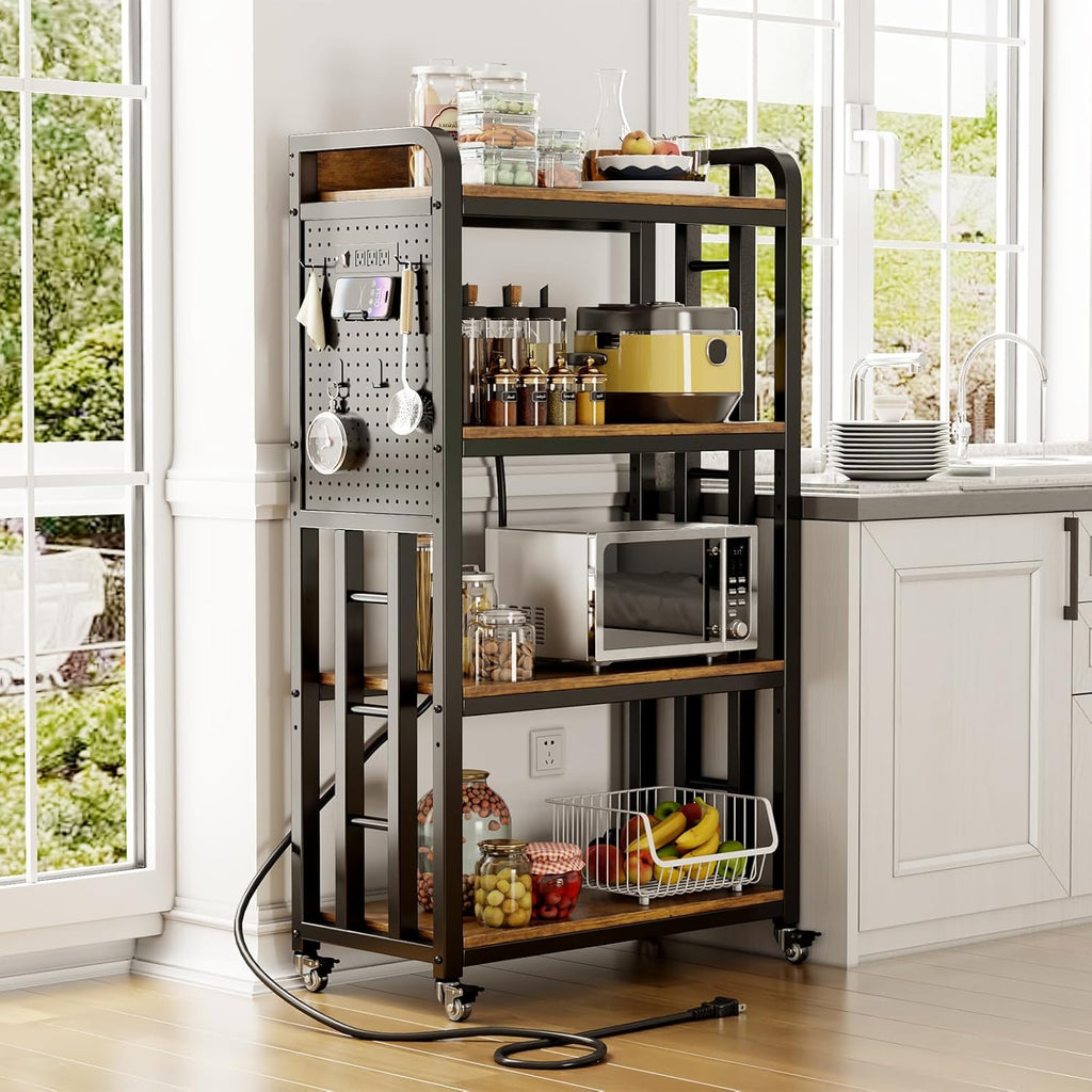 Bakers Rack with Power Outlet,bakers rack with storage,microwave cart | Microwave Oven Stand with Storage 4 Tiers,With pegboard Bakers Racks,bakers rack with storage,for Kitchen,Coffee Bar