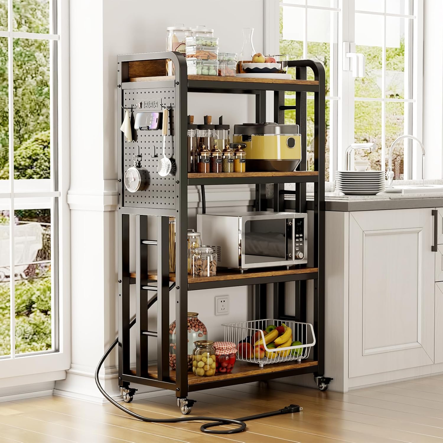 Bakers Rack with Power Outlet,bakers rack with storage,microwave cart | Microwave Oven Stand with Storage 4 Tiers,With pegboard Bakers Racks,bakers rack with storage,for Kitchen,Coffee Bar