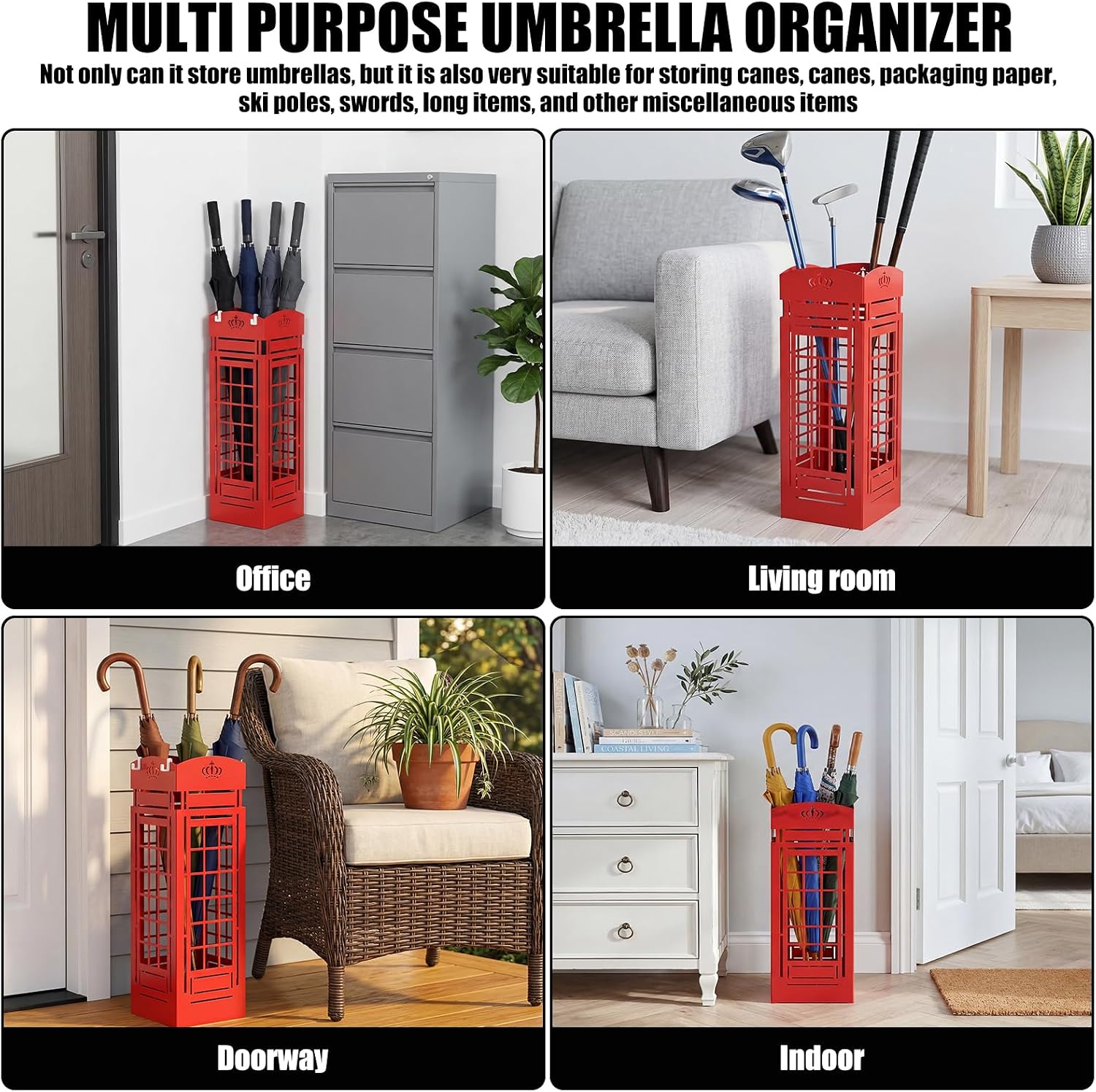Square Metal Umbrella Holder, Square Free Standing Umbrella Rack Decorative Umbrella Holder Hollow Cutout Pattern Design for Umbrella Cane Entryway Home Office 19.49" X 6.1" X 6.1"(Red hollowed out)
