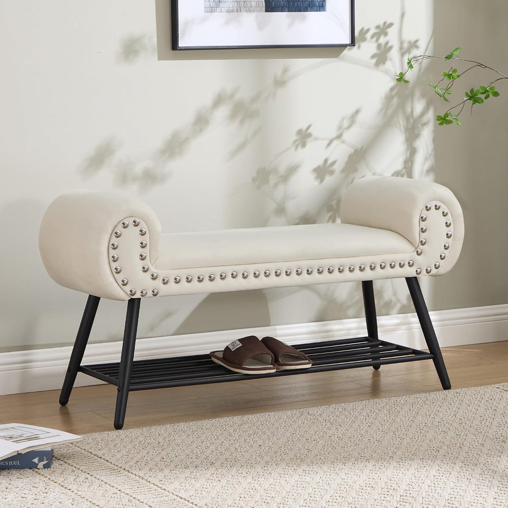 45" Upholstered Storage Shoe Bench, Velvet Fabric End of Bed Bench with ...