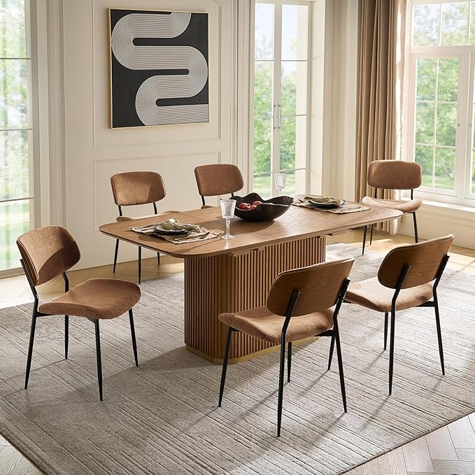 HULALA HOME Dining Chairs Set of 6 Mid-Century Modern Upholstered Kitchen Dining Room Chairs with Wood Curved Backrest, Black Metal Legs Fabric Dinner Chair for Living Room Cafe Restaurant Camel