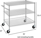 Finnhomy 3 Tier Heavy Duty Commercial Grade Utility Cart, Wire Rolling Cart with Handle Bar, Steel Service Cart with Wheels, Kitchen Carts on Wheels, Metal Cart Shelf Size 24" D x 36" W, NSF, Chrome