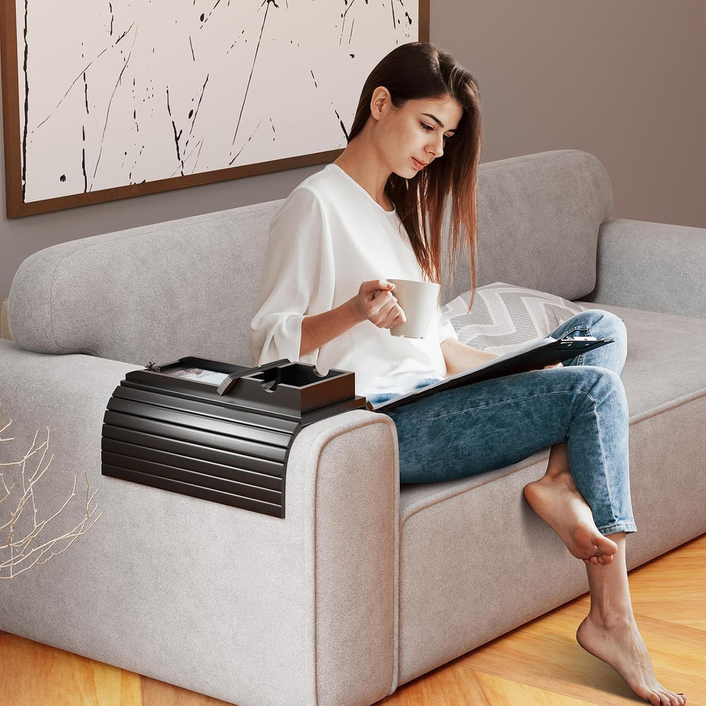 Bestjing Bamboo Couch Armrest Table, Sofa Arm Tray with Detachable Couch Cup ...