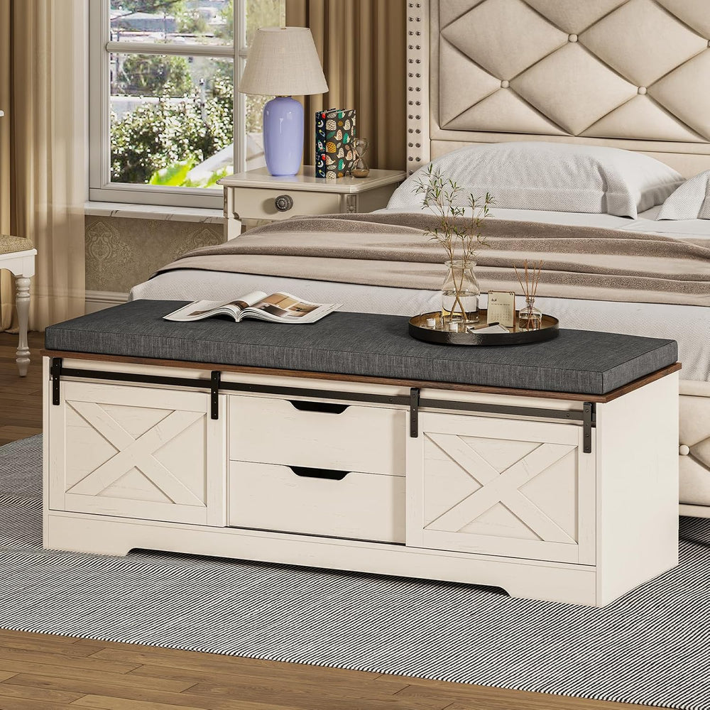 UPOSOJA 60“ Farmhouse Storage Bench with Cushion, Shoe Rack with Slide Barn D...