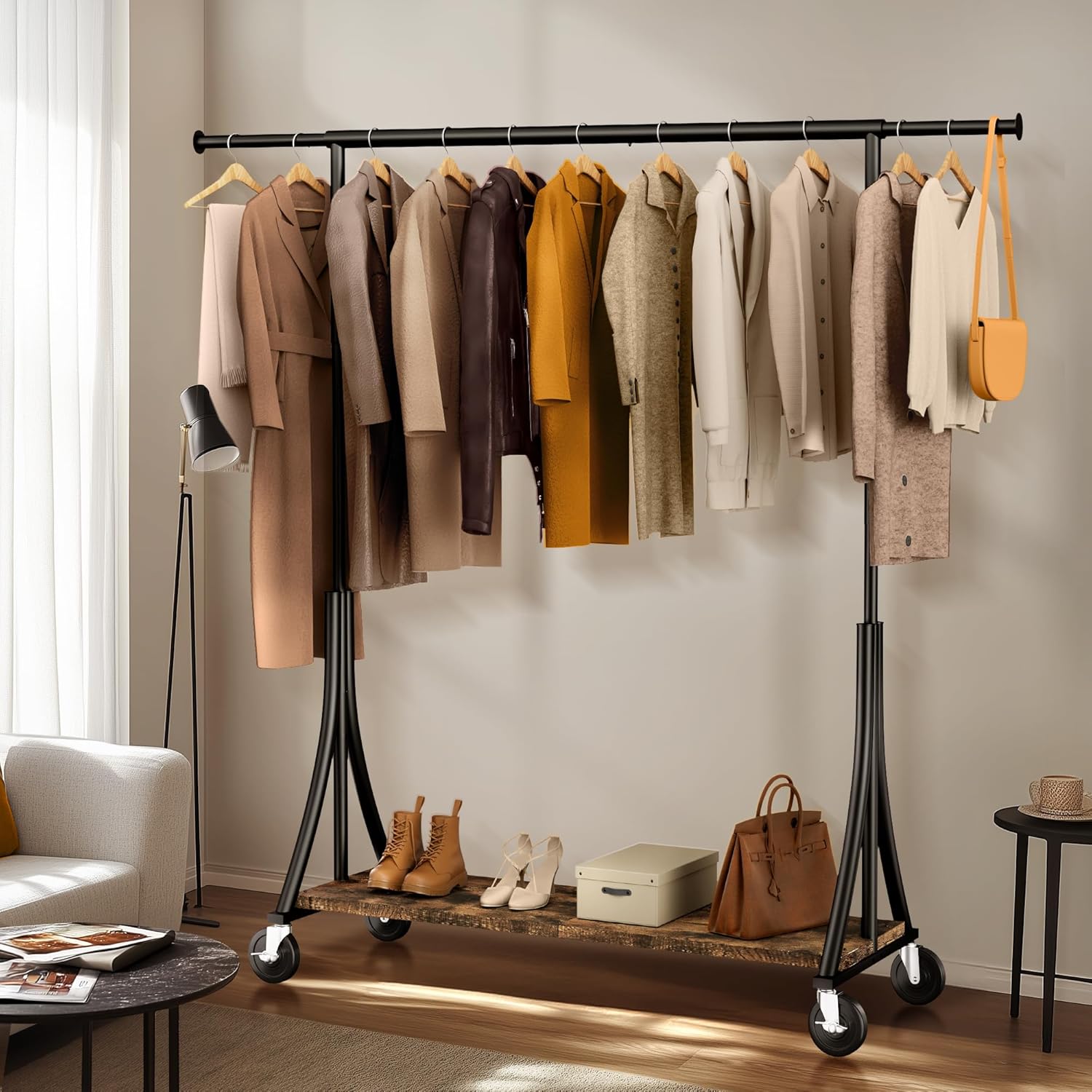 HOKEEPER Clothes Rack with Wood Shelves Height Adjustable Clothing Rack with Lockable Wheels 500LBS Portable Wooden Garment Closet for Bedroom, Living Room, Laundry, Balcony, Black