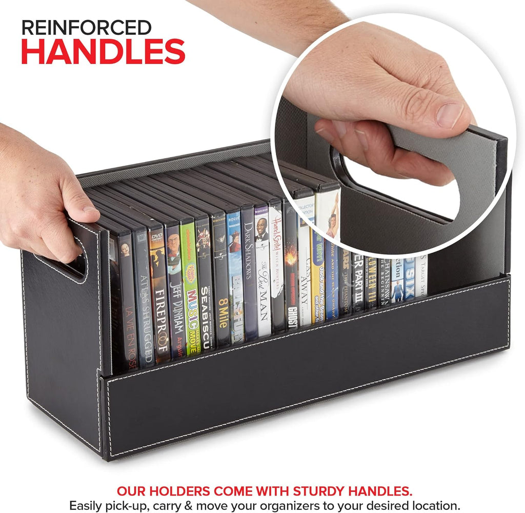 Stock Your Home DVD Storage Box, Movie Shelf Organizer for Blu-Ray, Video Game Cases, CDs, VHS Tape Display Stand, Disc Holder Can Store Up to 28 DVDs, Faux Leather (Black) 2 Pack