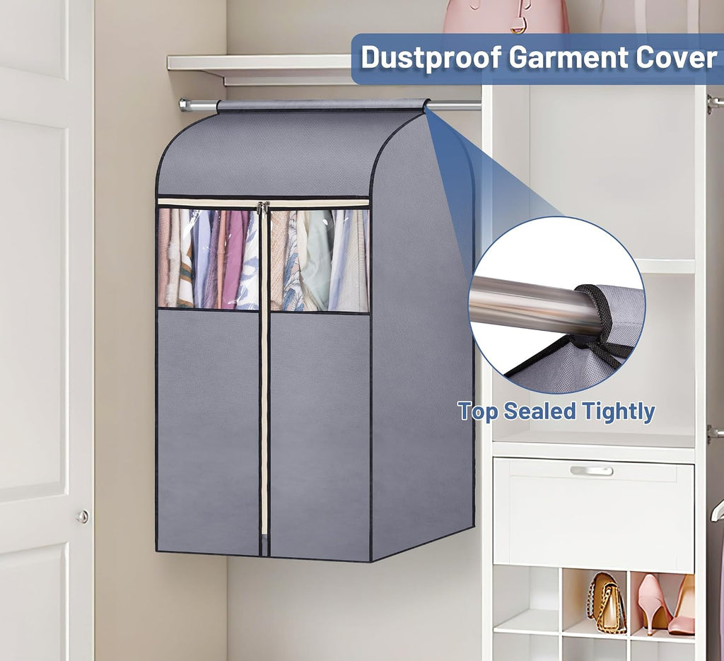 SLEEPING LAMB 35" Garment Bags for Hanging Clothes Storage, Sealed Completely Clothing Rack with Cover with Zipper Clear PVC Window Coat Cover for Closet, Sweaters, Suits protector, 2 Packs, Grey