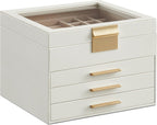 SONGMICS Jewelry Box Organizer with Glass Lid, 4-Layer Jewelry Storage, with 3 Drawers, Modern Style, Christmas Gift, 8 x 9.1 x 6.5 Inches, Cloud White and Gold Color UJBC173W01