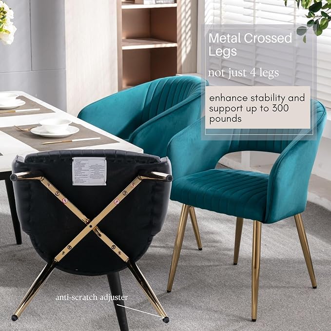 Teal Velvet Dining Chairs Gold Legs, Modern Dining Room Chairs with Arms Set of 2 Upholstered Accent Chair Armchair with Barrel Back for Kitchen Living Room